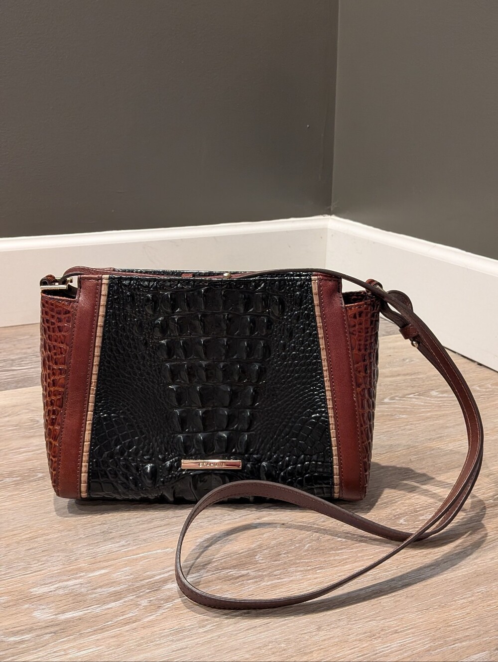 Brahmin Hillary Alligator Embossed Black & Brown Leather Crossbody Bag